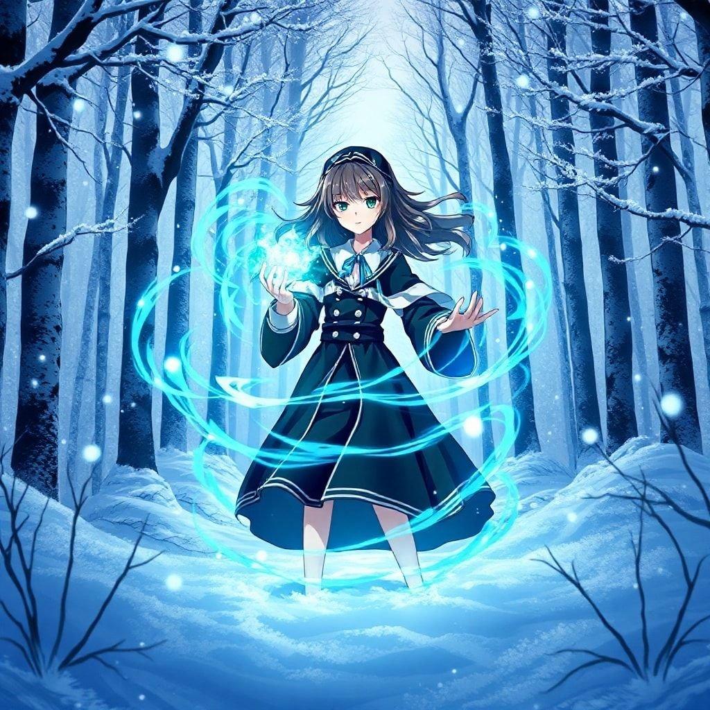 An enchanting anime illustration featuring a schoolgirl transformed into a powerful wizard, standing in the snowy forest with her magical aura glowing. The character, dressed in black and white, commands attention amidst the mystical atmosphere of the winter wonderland.