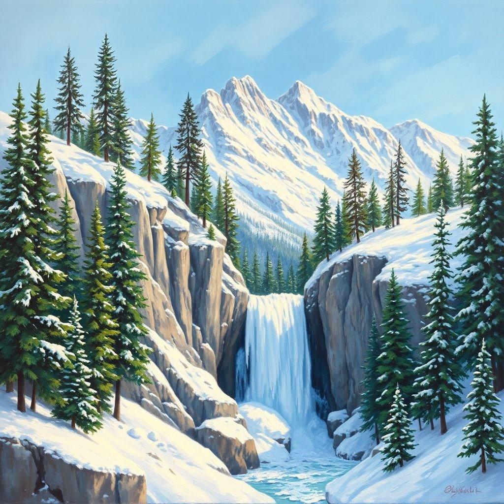 A serene Christmas scene with snowy mountains, a waterfall, and evergreen trees. Perfect for desktop wallpapers.