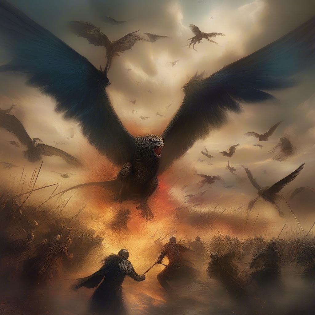 In this epic scene, two iconic movie monsters clash in an intense battle. The sky is darkened by a swarm of black birds and bats, as they fight against the backdrop of a fiery inferno. The scene captures the essence of high stakes drama and fantastical elements from classic movie lore.