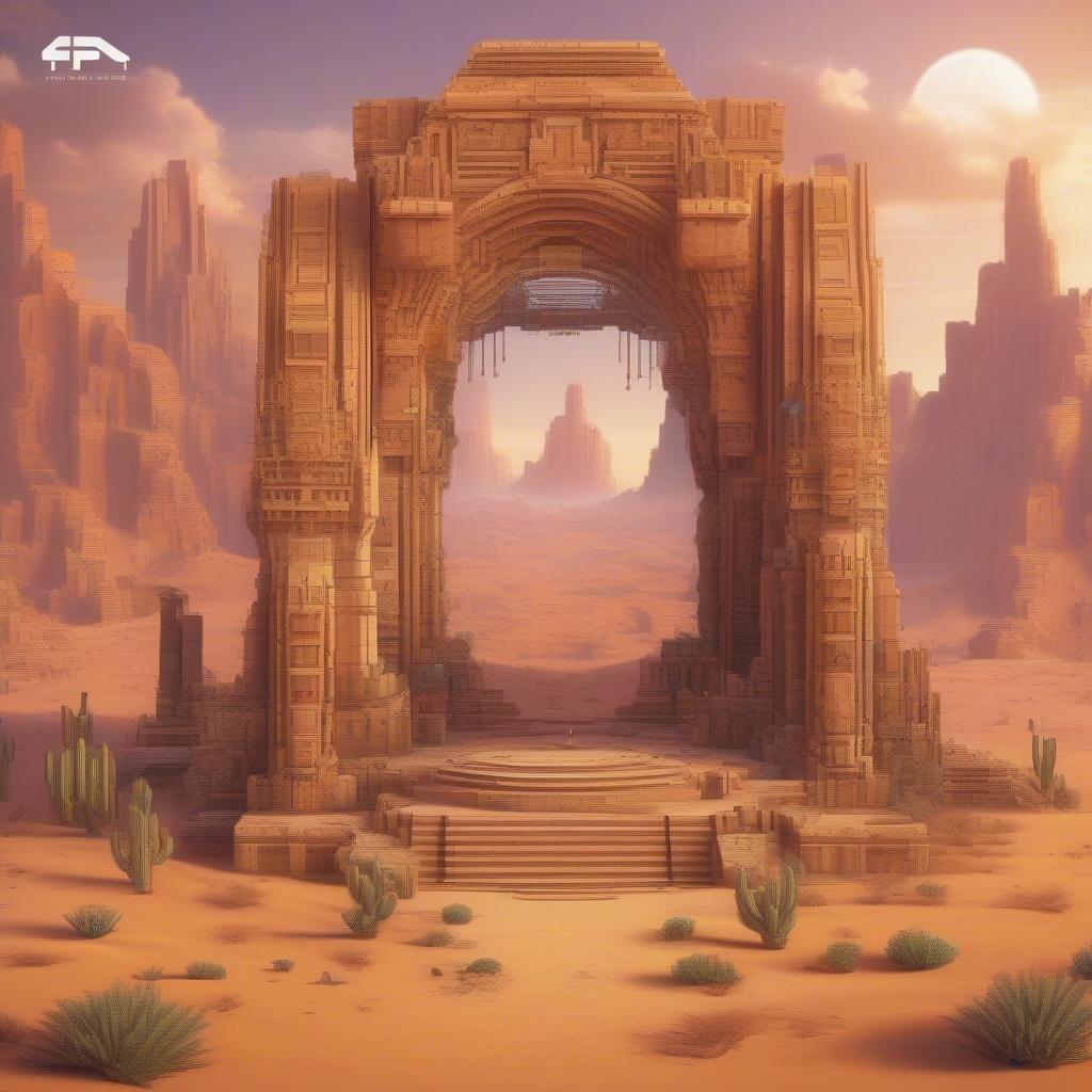 Dreamy desert sunset at an ancient Egyptian temple ruin. A mystical, game-like adventure in a sandy wasteland.