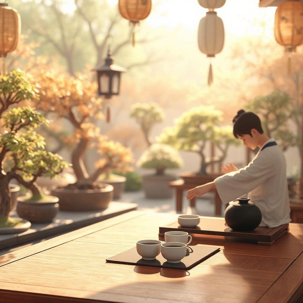 A serene anime-style scene with a tea ceremony in a garden of bonsai trees.