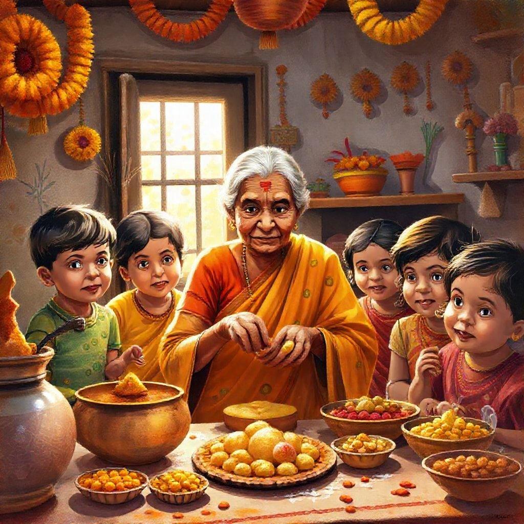 A heartwarming scene of family gathered around, preparing food together for the festivities.