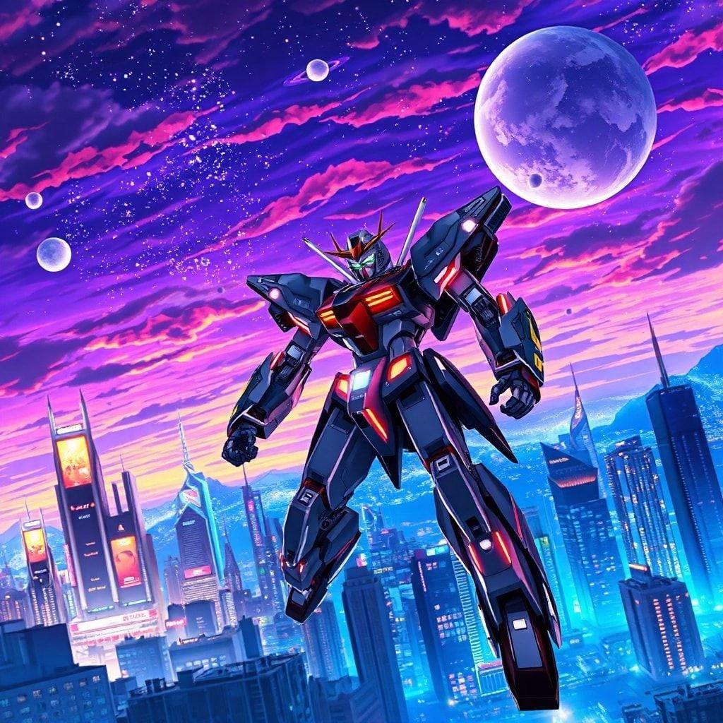 Préparez-vous à être transporté dans un monde d'aventure high-tech avec ce magnifique fond d'écran mecha anime. Située sur fond d'un paysage urbain futuriste, cette illustration numérique détaillée présente une skyline élégante illuminée au néon avec de grands bâtiments, un ciel vibrant et coloré avec des étoiles et des planètes, et un sentiment de mouvement et d'énergie qui vous laissera sans voix. Que vous soyez un fan d'anime ou que vous cherchiez simplement un fond d'écran unique et accrocheur, cette image est sûre de captiver et d'inspirer.