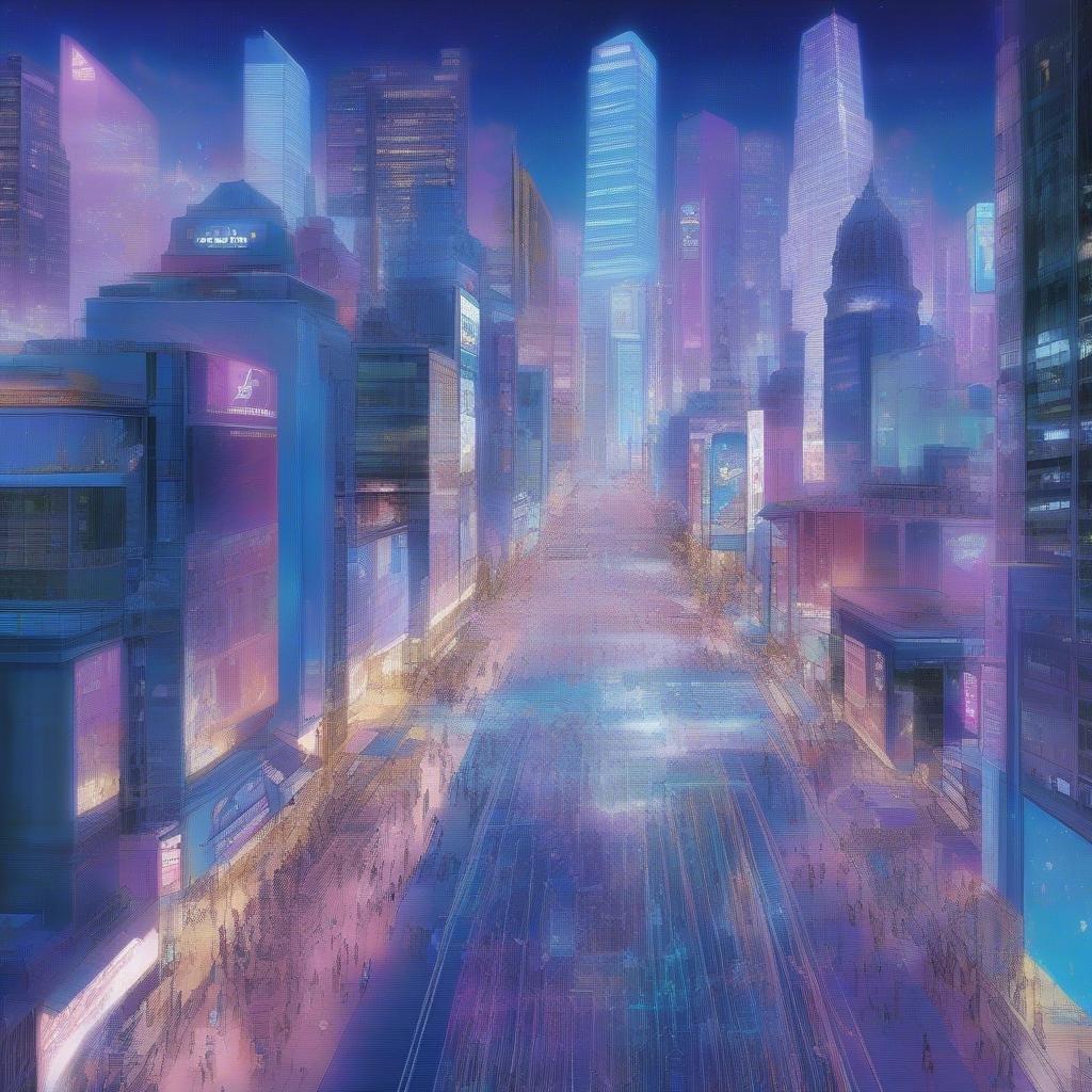 Entrez dans le monde vibrant de l'anime avec cette scène de rue captivante. La publicité holographique brille d'une lumière bleu et violet fascinante, en toile de fond des gratte-ciels qui bordent les deux côtés de la rue. La zone piétonne animée est vivante de mouvement, alors que de nombreuses personnes vaquent à leurs occupations quotidiennes. L'illustration capture l'essence d'une ville animée, avec un large champ de vision qui met en valeur la hauteur et l'énergie du paysage urbain.