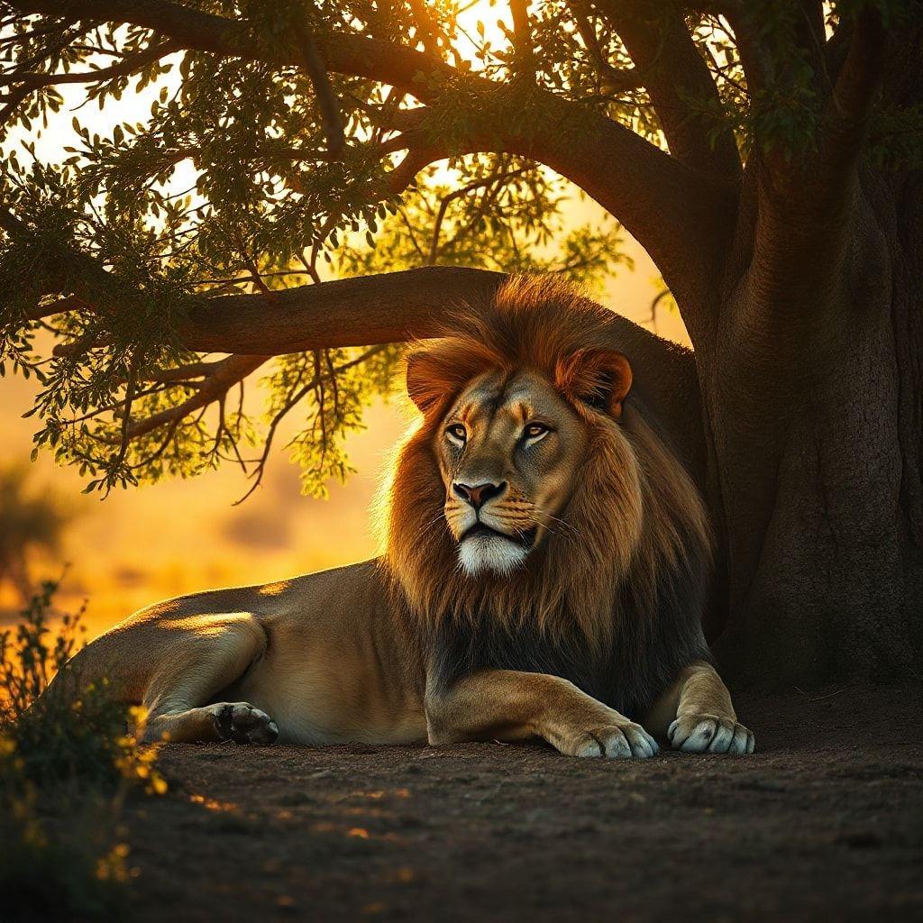 This image captures the serene beauty of a lion resting under a tree, embodying the essence of inspirational and wellness. The majestic creature's calm demeanor and the peaceful surroundings evoke a sense of tranquility and harmony with nature.