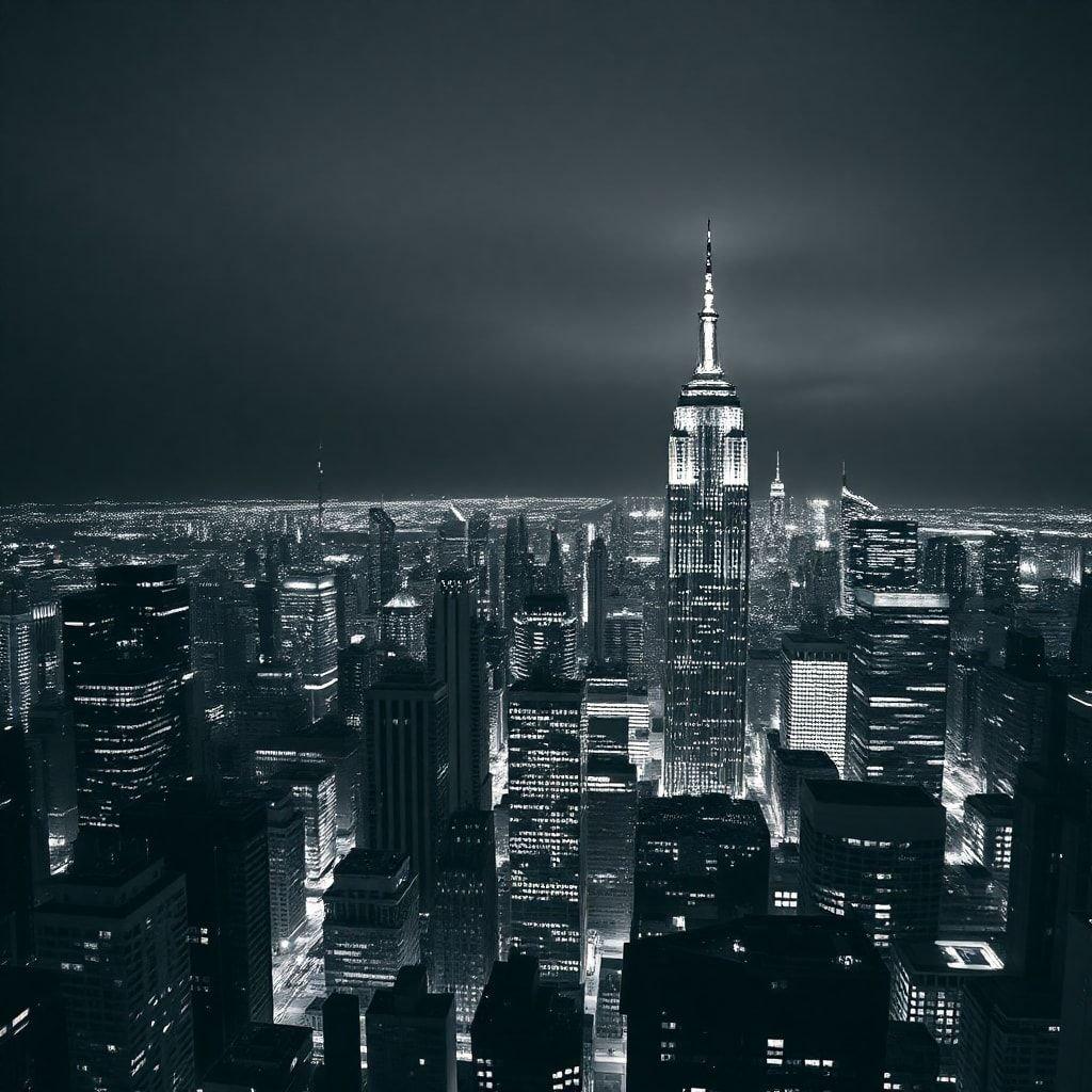 A icônica skyline em preto e branco da cidade de Nova York à noite, apresentando o Empire State Building. Uma vista deslumbrante capturada em monocromático.