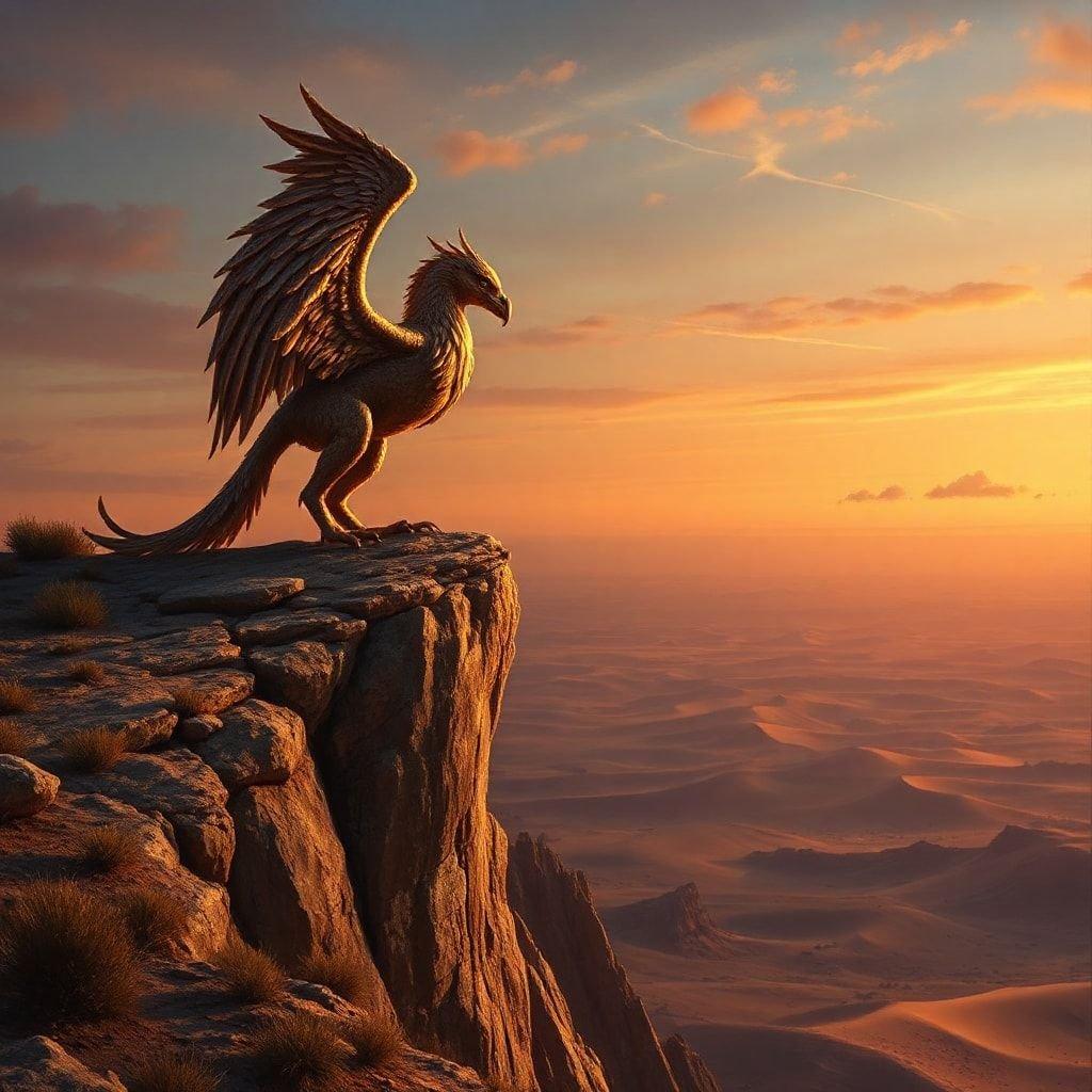 A majestic griffin stands guard on the edge of a cliff, silhouetted against the warm glow of a desert sunrise. Fantastical creature with eagle's wings and lion-like body.