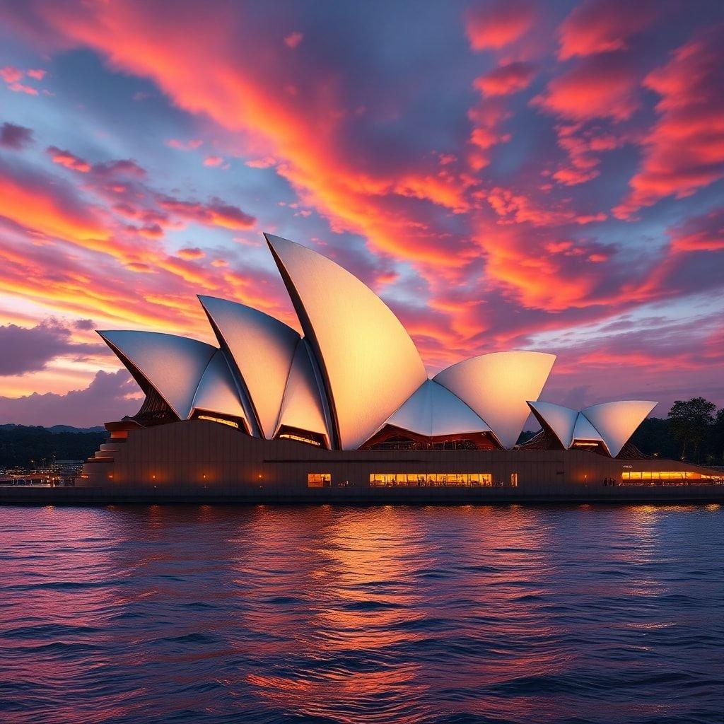 Nauti ikonisen Sydney Oopperatalon lämpimissä auringonlaskun sävyissä, jotka heijastuvat sataman vedessä. Täydellinen taustakuva työpöydällesi tai mobiililaitteillesi.