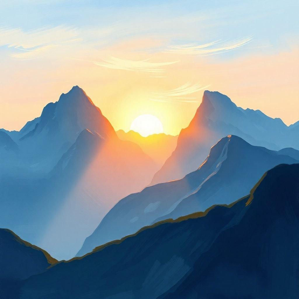 Bring the beauty of nature to your screen with this stunning sunrise over a mountain range. The warm glow of the rising sun casts an ethereal light on the peaks, creating a serene and tranquil backdrop for your desktop or mobile device.