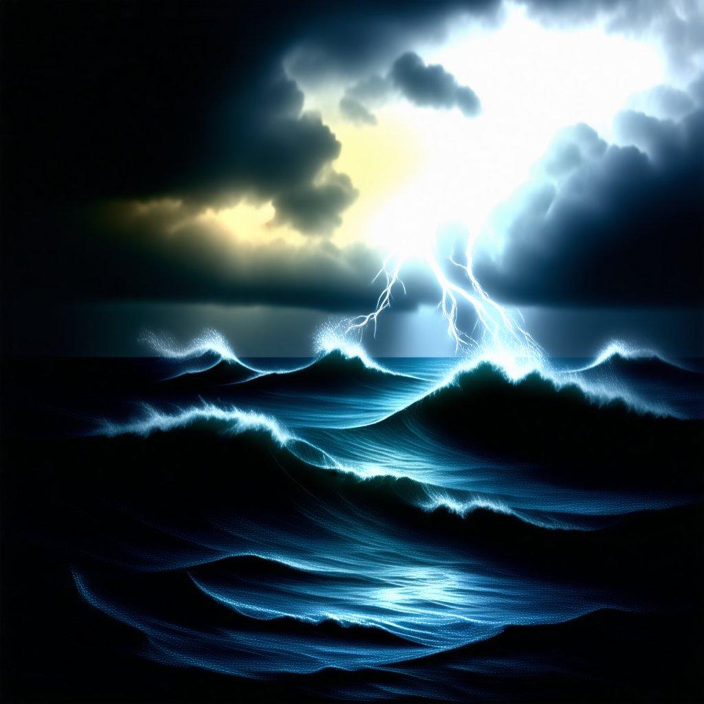 A dramatic digital artwork depicting turbulent ocean waves, with a fierce thunderstorm overhead. Dark clouds fill the sky, and the sea takes on an eerie, almost otherworldly appearance under their shadow.