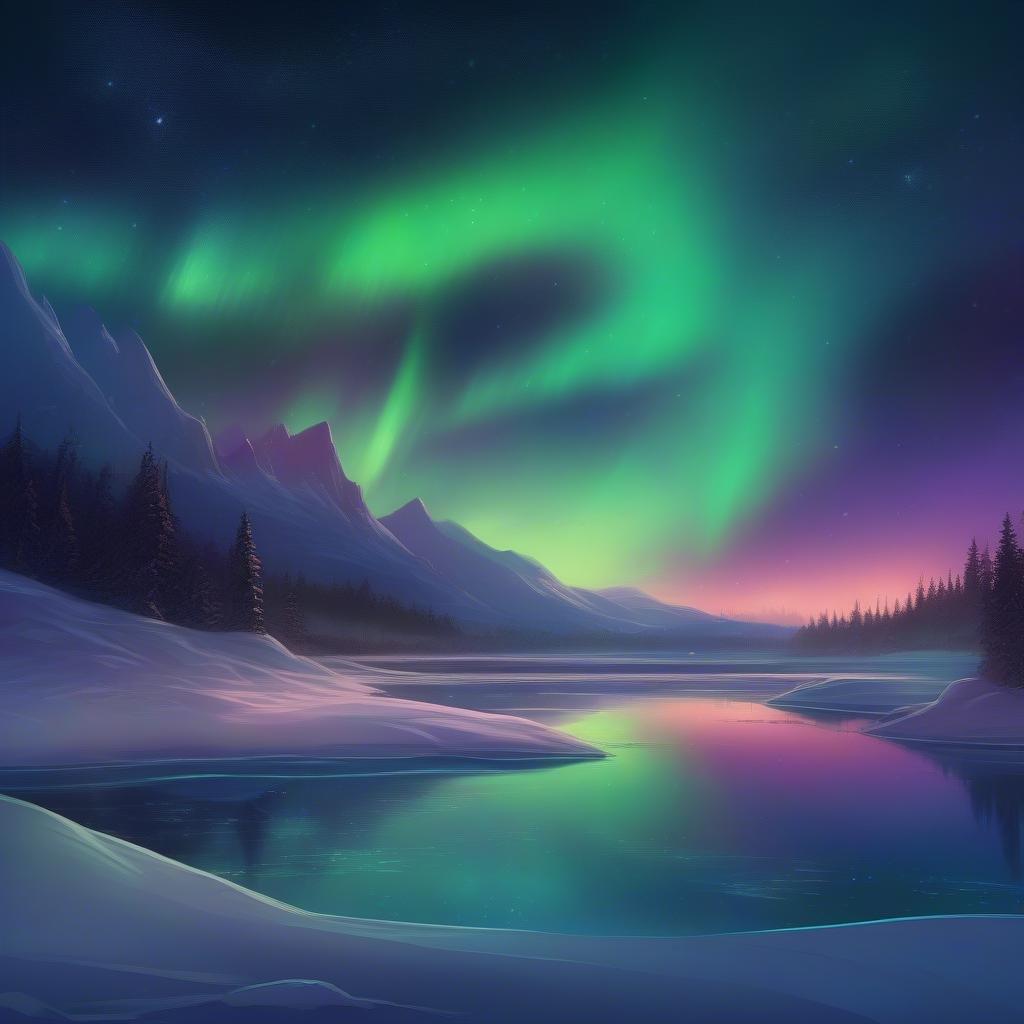 A tranquil winter scene featuring the iconic Northern Lights in a snowy mountain setting. The serene beauty of this festive season shines brightly as the sky is painted with the warm glow of the aurora borealis.