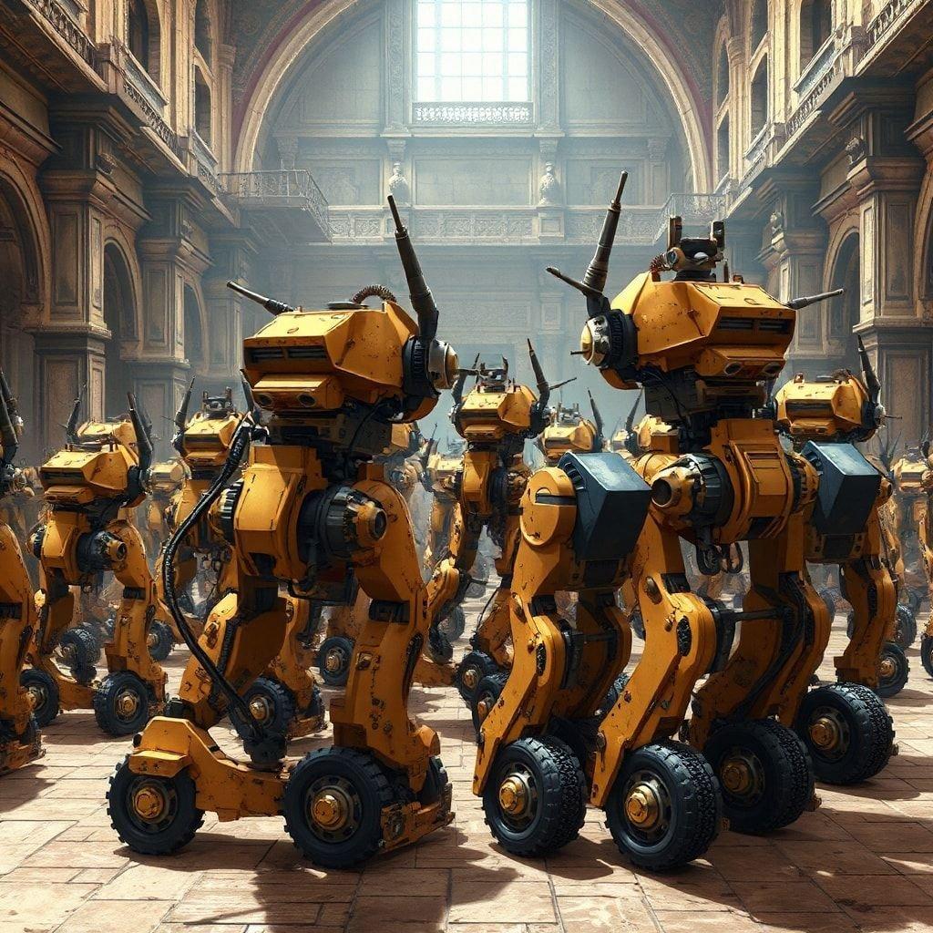 Eine dynamische Szene einer großen Gruppe von Steampunk-Mechs, die im Anime-Stil gestaltet sind und sich in einer antiken Stadtumgebung versammeln.