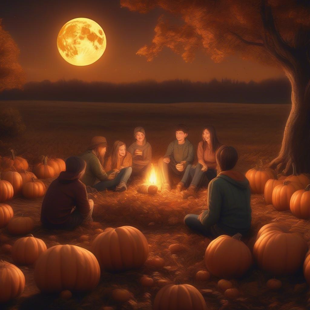 A group of friends enjoying a warm autumn night by the light of a bonfire, surrounded by a field of pumpkins and an enchanting full moon. A cozy seasonal scene perfect for festive desktop backgrounds.