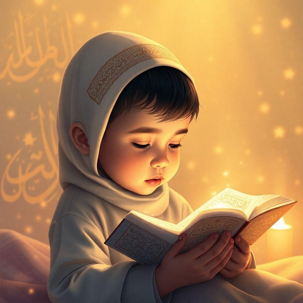 A heartwarming depiction of a young child in prayer, immersed in the joy of reading Quran during Ramadan.