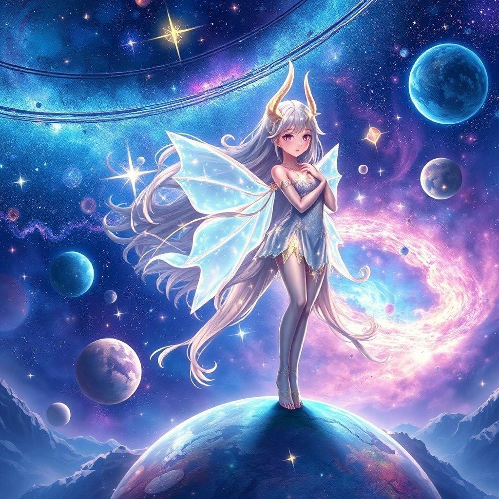 Immerse yourself in the enchanting world of anime with this captivating fantasy wallpaper. The detailed illustration of a being with wings of stardust and flowing hair stands out against the stunning backdrop of a galaxy of stars and planets.