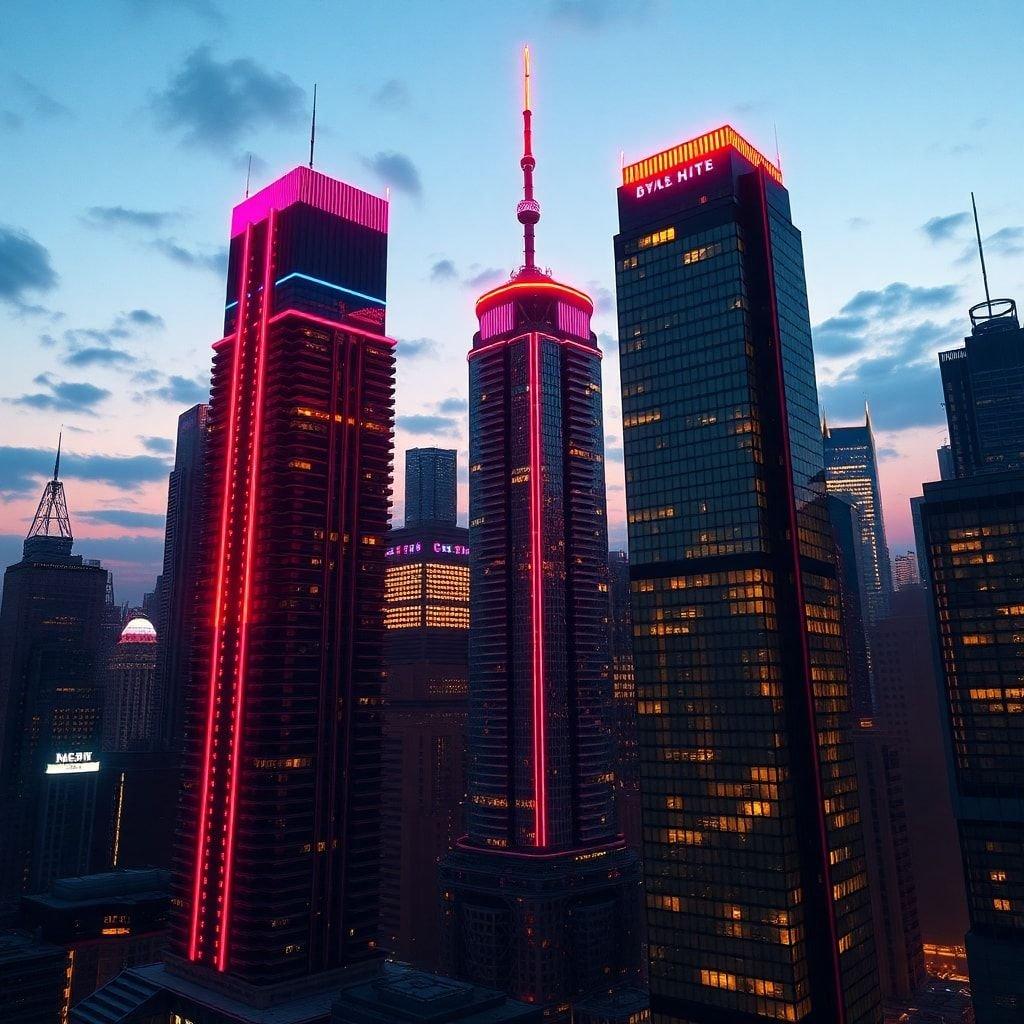 Bright city lights illuminate the night sky over modern buildings and towering skyscrapers.