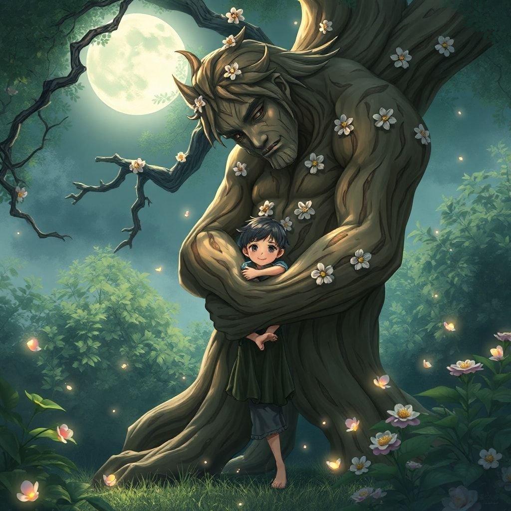 A beautiful and heartwarming illustration of a gentle giant, humanoid tree spirit, embracing a child in a serene and peaceful environment.