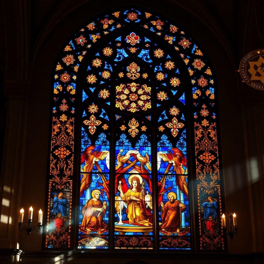 A colorful stained glass window in a religious building, depicting the theme of Hanukkah with its traditional motifs.