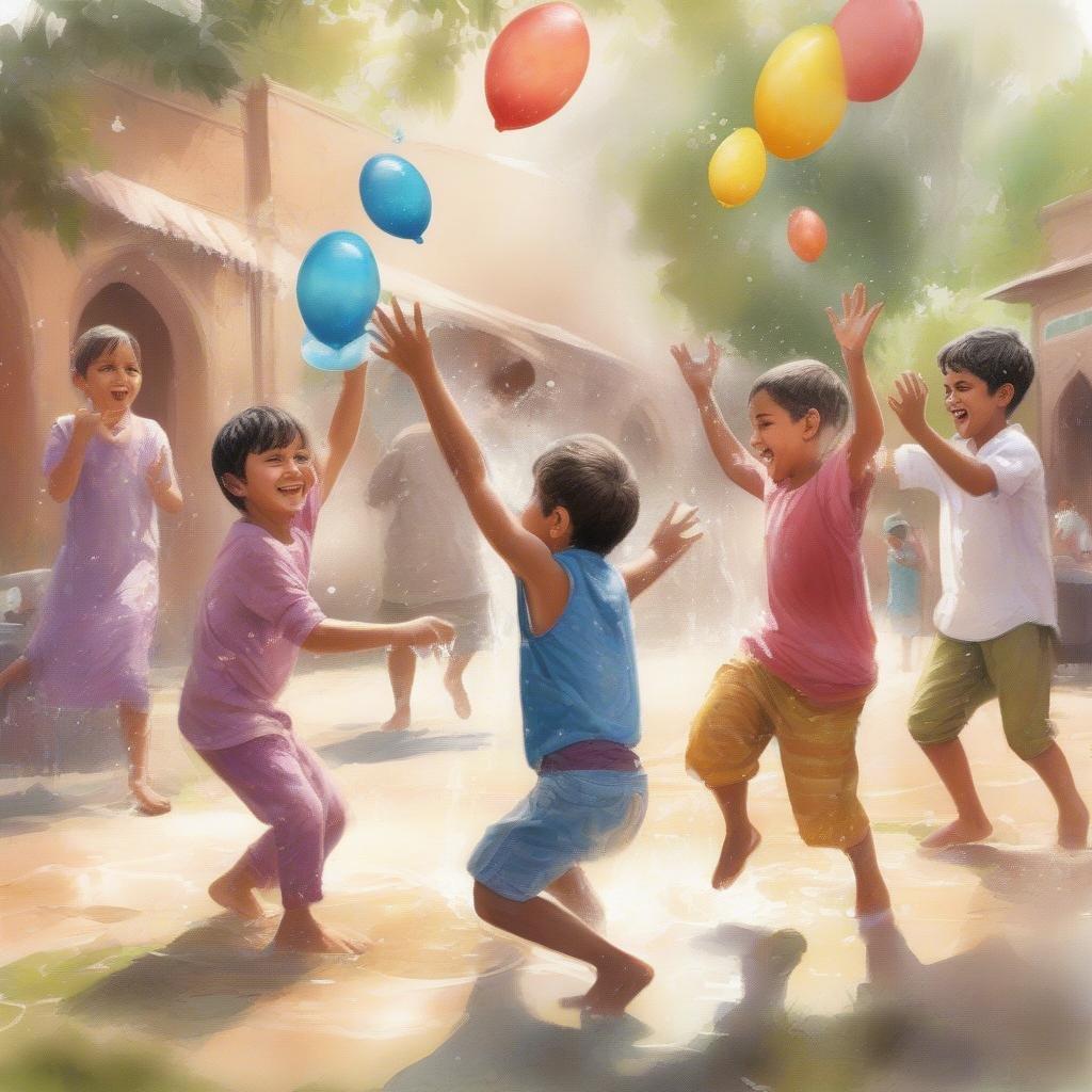 Children enjoying the festive spirit with colorful balloons, typical during Eid celebrations.