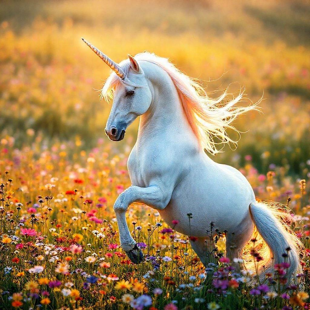 This wallpaper features a beautiful unicorn standing in a field of colorful flowers, creating a magical and whimsical scene.