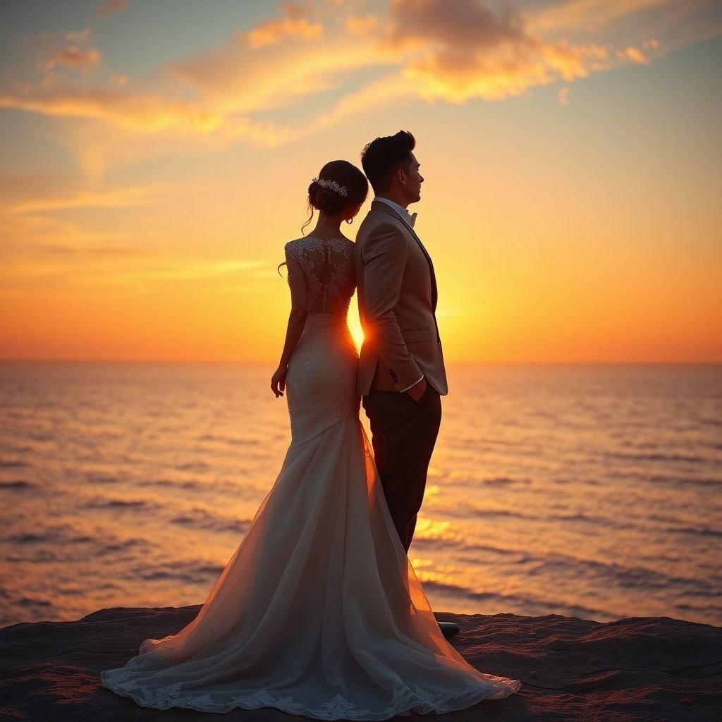 A newlywed couple watches the sunset together, with the vast ocean beneath them.