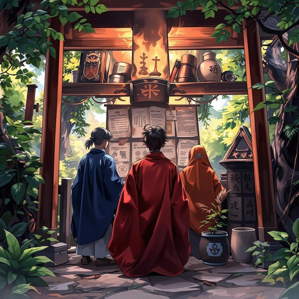 Immerse yourself in the serene beauty of this anime shrine scene, where a group of four individuals, adorned in vibrant robes, stand amidst the lush forest. The shrine's walls are adorned with books, papers, and a small potted plant, creating an enchanting atmosphere. The mysterious figure in the foreground adds a touch of intrigue, inviting you to explore the tranquility of this captivating scene.