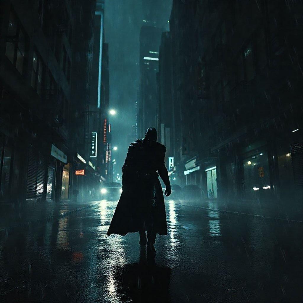 El Caballero Oscuro avanza por las calles empapadas de lluvia de Gotham, listo para enfrentar lo que la noche le depare.