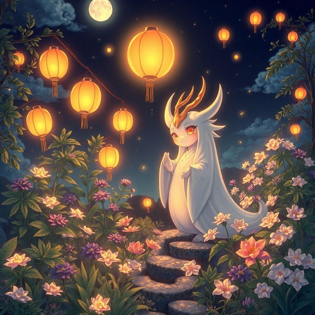 Vivi la scena incantevole di uno spirito tsukumogami in un giardino sereno illuminato da calde lanterne gialle contro un cielo illuminato dalla luna.