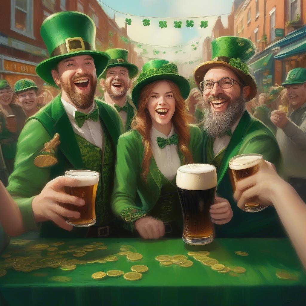 A merry group of friends, all dressed in Irish attire, enjoying a pint of beer together on the city streets during St. Patrick's Day celebrations.