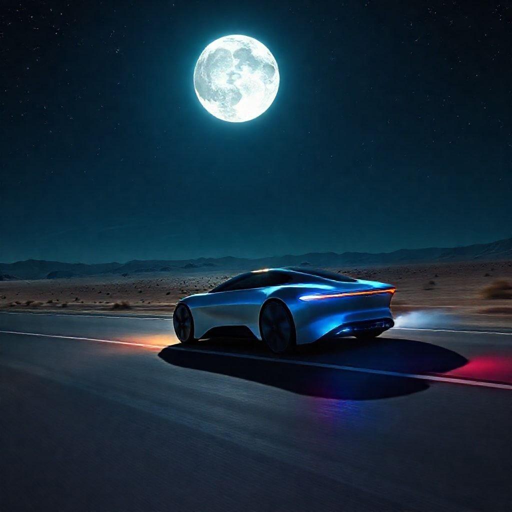 Experience a journey like no other on the lunar surface. The sleek lines of an advanced electric car glide through the desolate landscape, under a full moon that casts its glow over the scene.