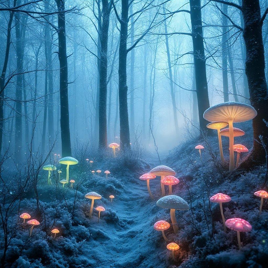 Step into a serene winter forest, where the soft glow of mushrooms illuminates the snow-covered landscape.