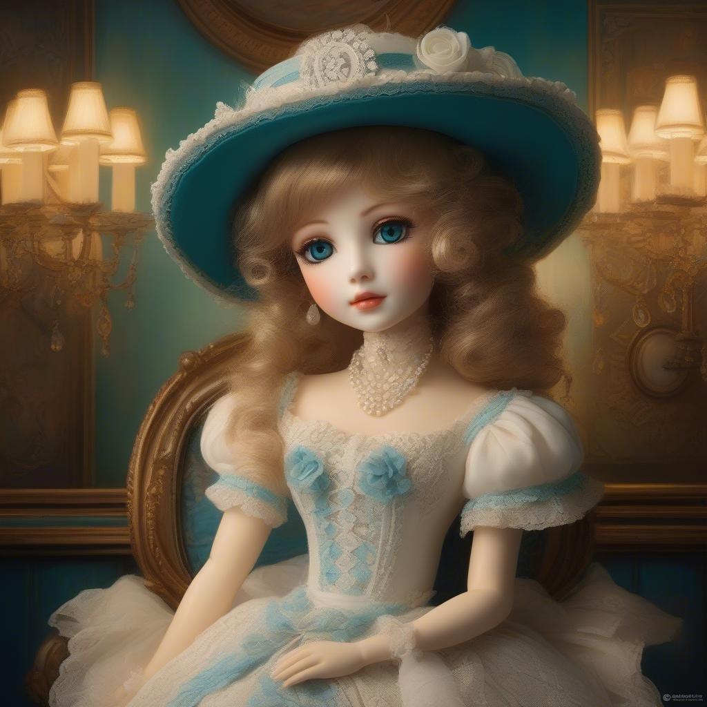 A charming porcelain doll in an intricate white dress and hat, seated among the opulence of a steampunk-inspired tea room. The warm glow from a chandelier illuminates the scene, highlighting the delicate details on the doll's face.