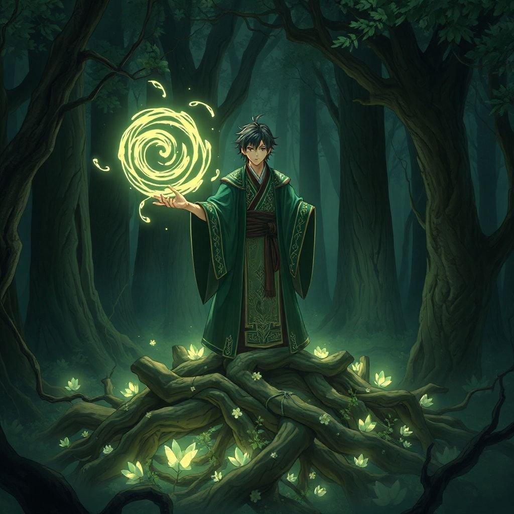 Immerse yourself in the mystical world of anime with this captivating illustration of an onmyodo sorcerer, casting spells in a dark forest.