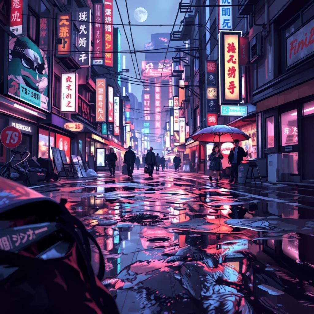 Immergiti nel vibrante mondo degli anime con questo straordinario sfondo di paesaggio urbano, che presenta una scena di strada futuristica di Tokyo con un pavimento bagnato e riflettente e un paio di ombrelli.