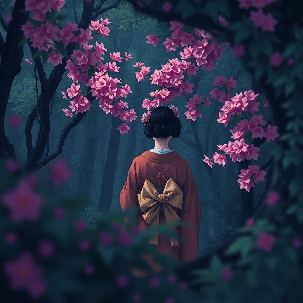 Sumérgete en el encantador mundo del anime con este cautivador fondo de pantalla que presenta a una geisha desapareciendo en un denso bosque, rodeada de vibrantes flores rosas y exuberante follaje verde.