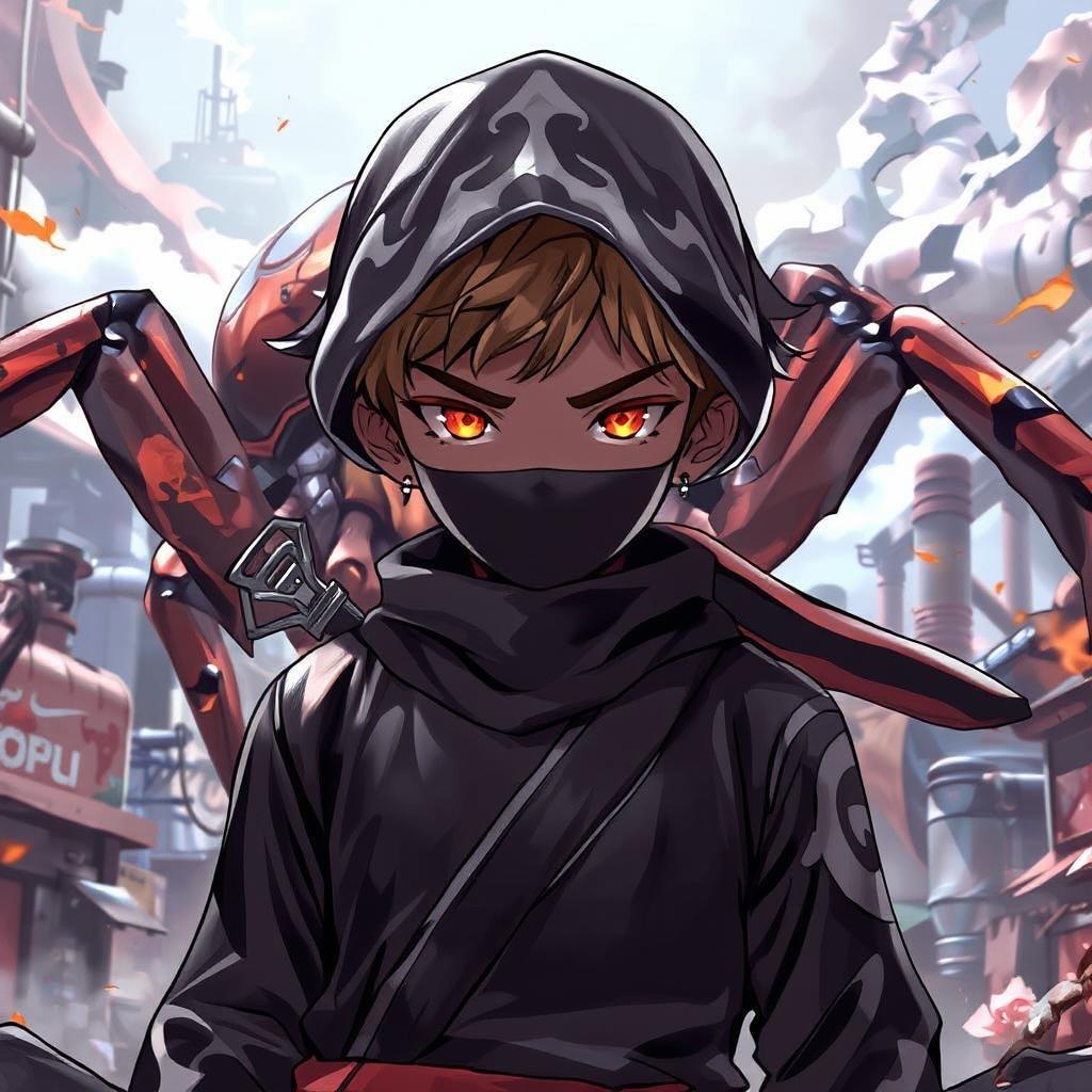 A captivating digital illustration of a young ninja standing tall in a factory town, with a large spider adding a sense of scale to the scene.