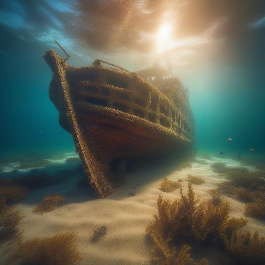 This stunning wallpaper captures the beauty of an underwater shipwreck, a treasure trove of marine life and history.