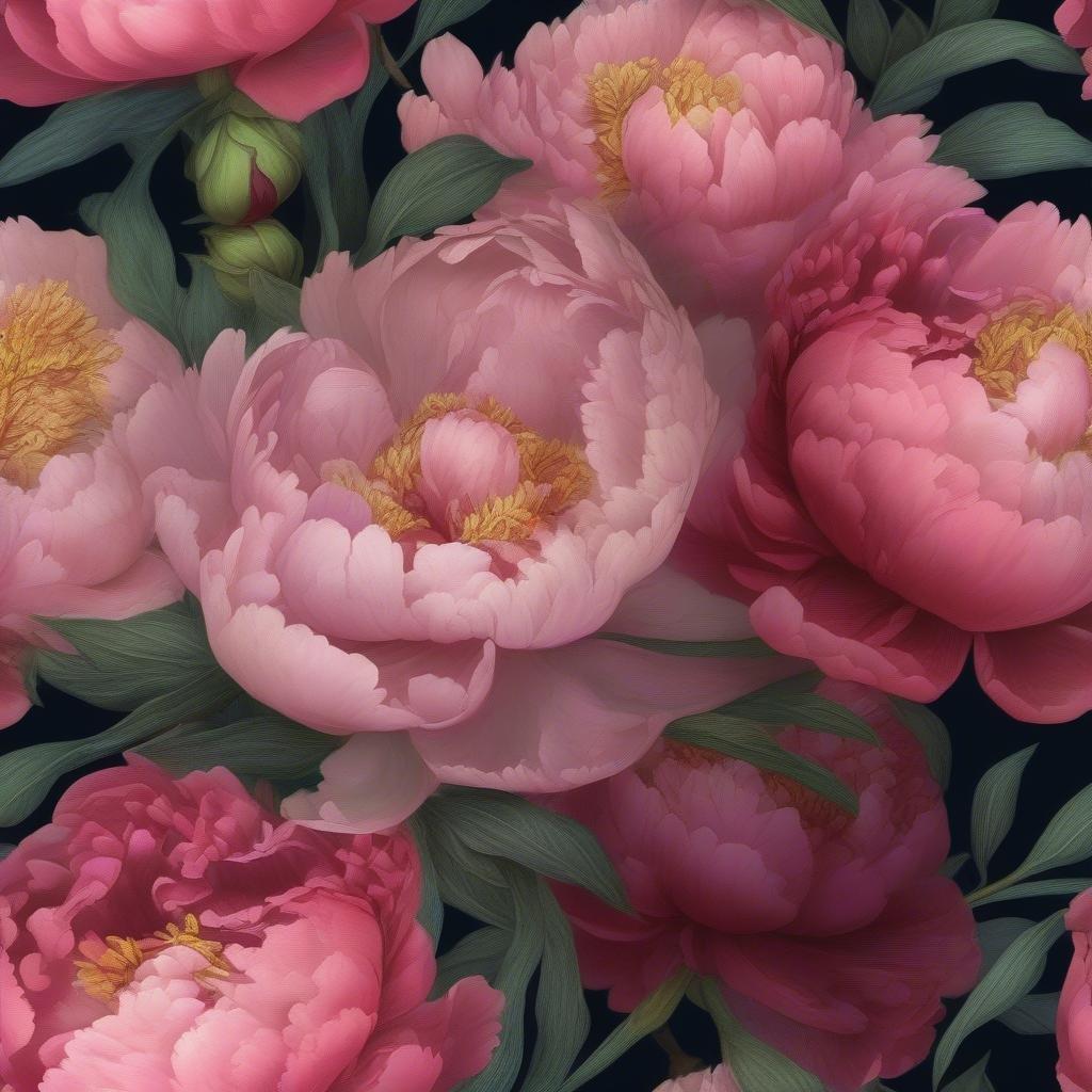 A stunning floral wallpaper featuring vibrant pink peonies with lush green leaves, ideal for a fresh and elegant desktop background.