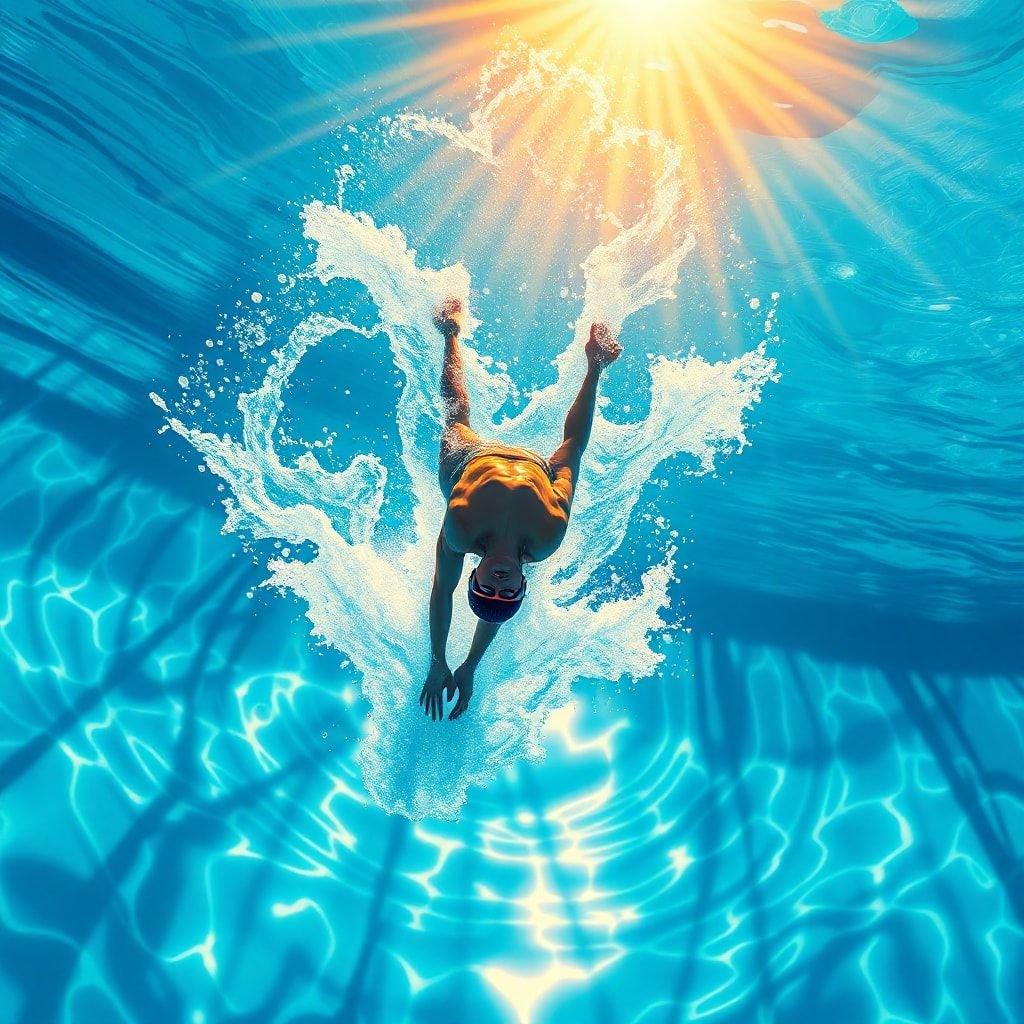 Dive into tranquility with this cool swimmer wallpaper. Perfect for your screensaver, the vibrant blues and refreshing sunlight evoke a sense of serenity. Get ready to relax in style!