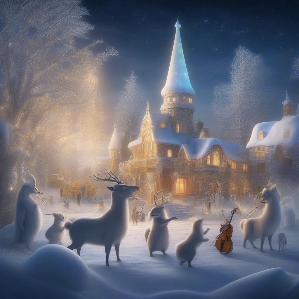 Celebrate the holiday spirit with this enchanting winter scene, featuring a charming cottage nestled in a snowy landscape. The scene is bustling with activity, from Santa Claus greeting children to reindeer frolicking in the snow. This festive wallpaper captures the joy of Christmas and the magic of winter.