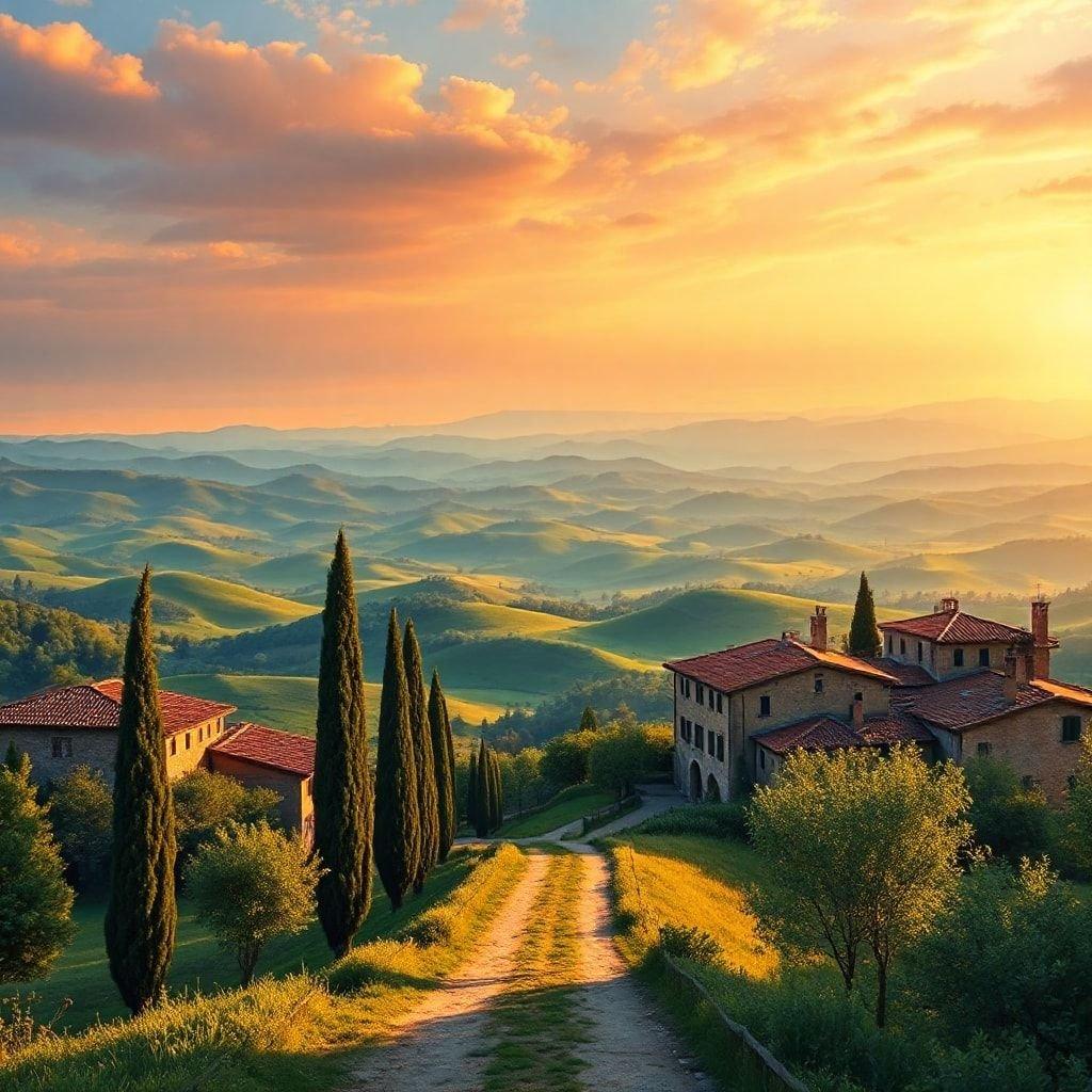 A breathtaking sunset overlooking rolling hills and quaint Italian villas, evoking the tranquility and charm of a Tuscan countryside.