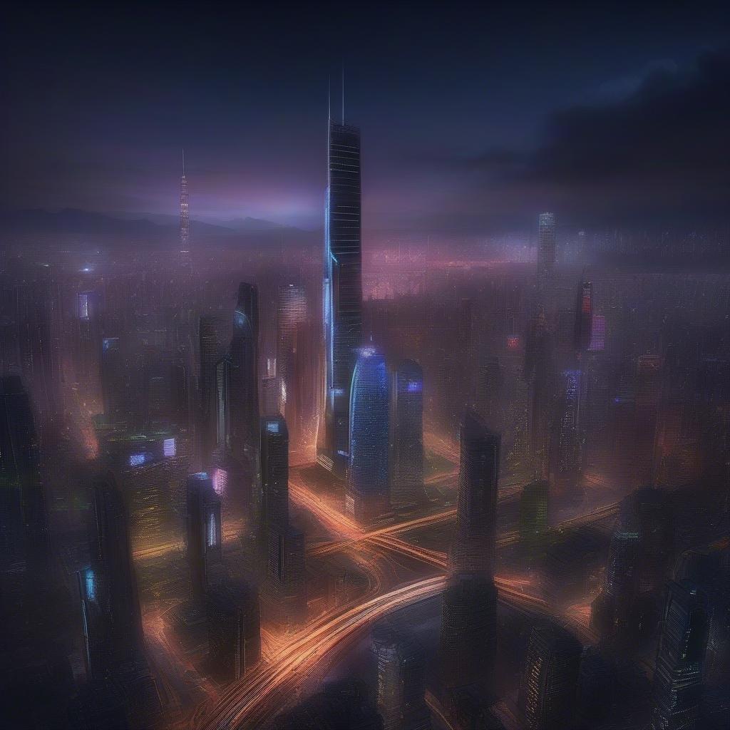 A futuristic city skyline illuminated by neon lights. The buildings reach up into the cloudy sky, with a prominent skyscraper among them. This image could be from a video game or a digital illustration inspired by cyberpunk urban environments.