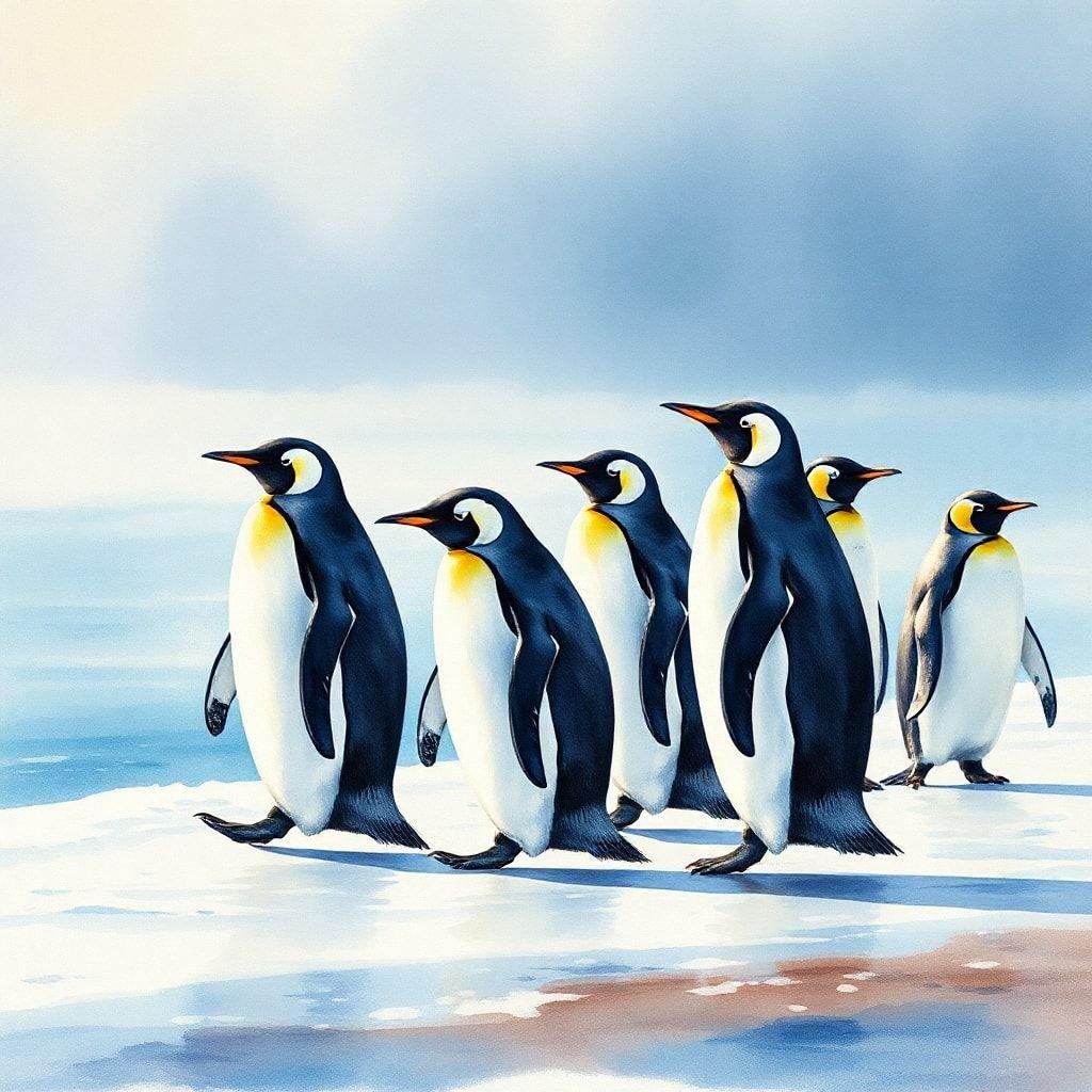 This stunning wallpaper features a group of penguins walking on ice, set against a backdrop of a serene and icy landscape. The image captures the beauty and majesty of these iconic birds in their natural habitat, making it a perfect addition to any desktop or mobile wallpaper collection.