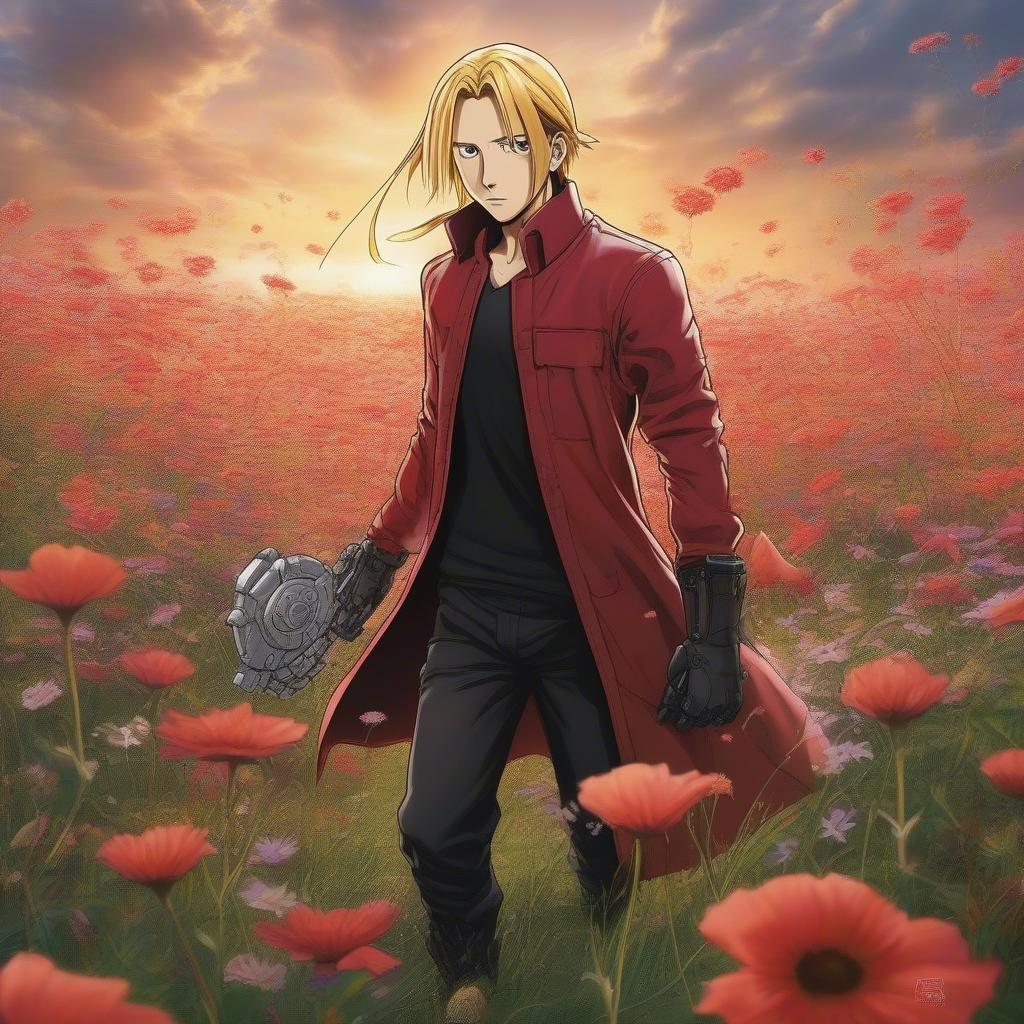 This stunning wallpaper features Edward Elric from the popular anime series Fullmetal Alchemist, set against a picturesque backdrop of a field of flowers. The image captures the essence of the character's determination and resilience, making it a perfect fit for fans of the series.