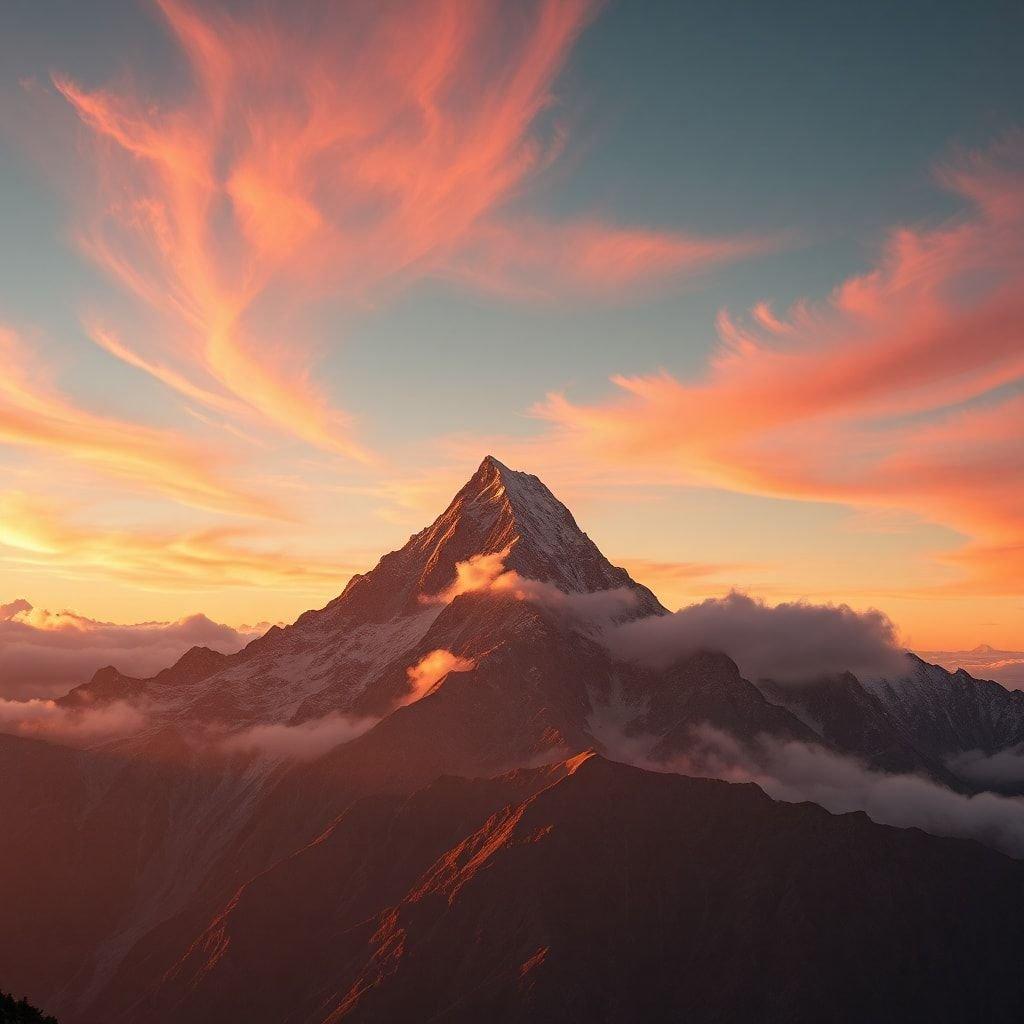 Experience the tranquility of the sky meeting the peak of a majestic mountain during a breathtaking sunrise.