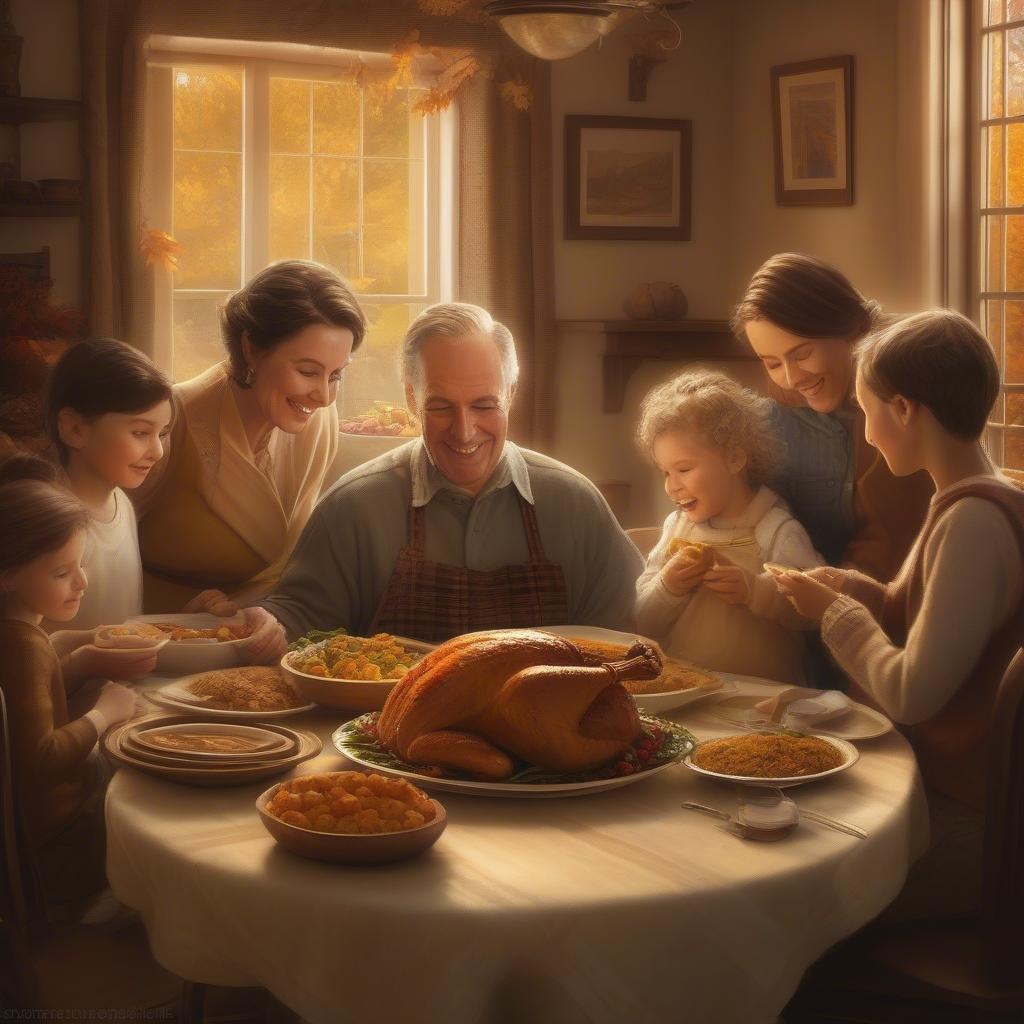 A heartwarming scene of a family coming together to celebrate Thanksgiving, surrounded by delicious food and warm smiles.