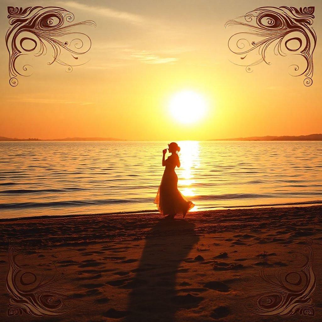 A serene moment captured on the beach at sunset. A bride walks along the shore in a flowing dress, looking out towards the horizon under an orange sky. A romantic setting for a beach wedding.