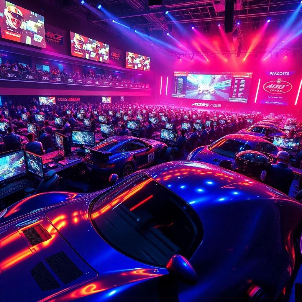 A gaming event focused on racing simulation, featuring numerous participants using virtual reality systems to compete in a realistic car driving competition.