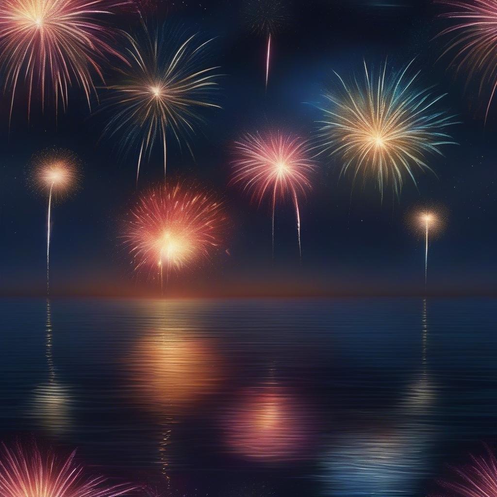 A vibrant night sky filled with colorful firecrackers and sparklers, with a calm body of water reflecting the pyrotechnics below.