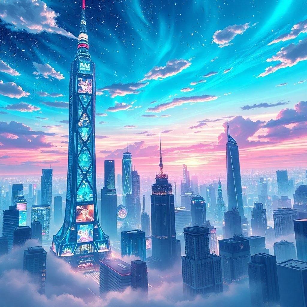 Dyk ner i den livfulla världen av anime med denna fantastiska stadslandskap bakgrund, som har en futuristisk skyline och holografiska annonser.